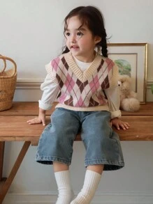 Dazy Kids 女婴拼色钻石图案V领针织背心，秋冬，幼儿秋季服装 - 彩色 - 查看 6