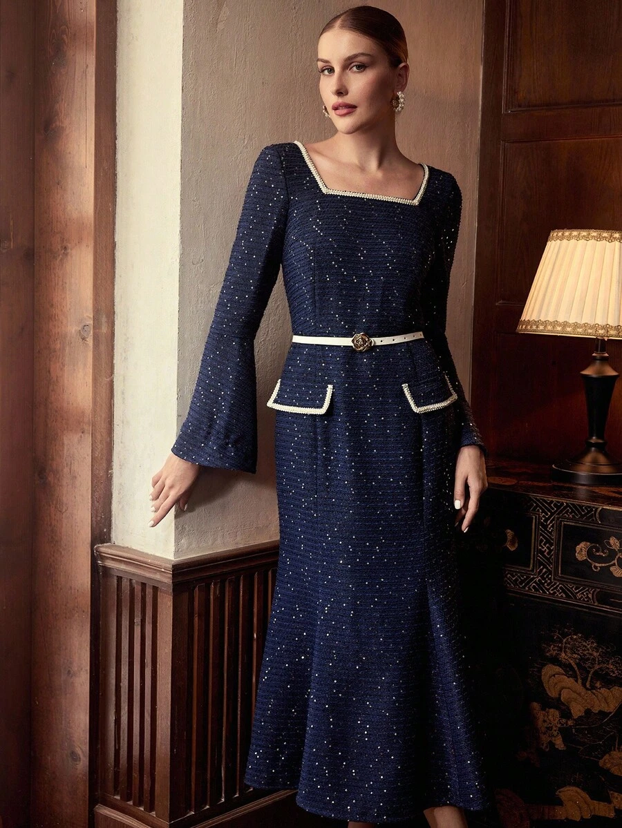 ZEYLAH Square Neck Ribbon Tweed Long Elegant Dress, Autumn/Winter - Navy Blue - View 1