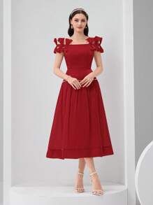 Modelyn Women's Solid Color Bow Decor Off Shoulder Elegant Dress - Red - View 5