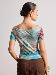 ROMWE Avant 中国风佛像印花露肩女式T恤