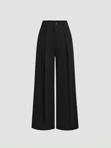 SHEIN PETITE Pantalones casuales de pierna ancha con pliegues, de ajuste holgado y cómodo, pantalones de traje para mujeres de estatura baja, para primavera/verano