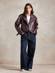 Briarwyn 女士翻领插肩袖宽肩 PU 皮革时尚夹克秋季女士冬季夹克女士冬季女士教师女士老款风格女士；复古 - 酒紅色 - 查看 6