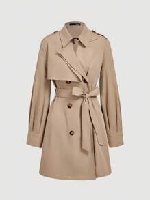 SHEIN MOD 秋冬休闲时尚百搭通勤简约长袖系带女式风衣 - 卡其色 - 查看 1