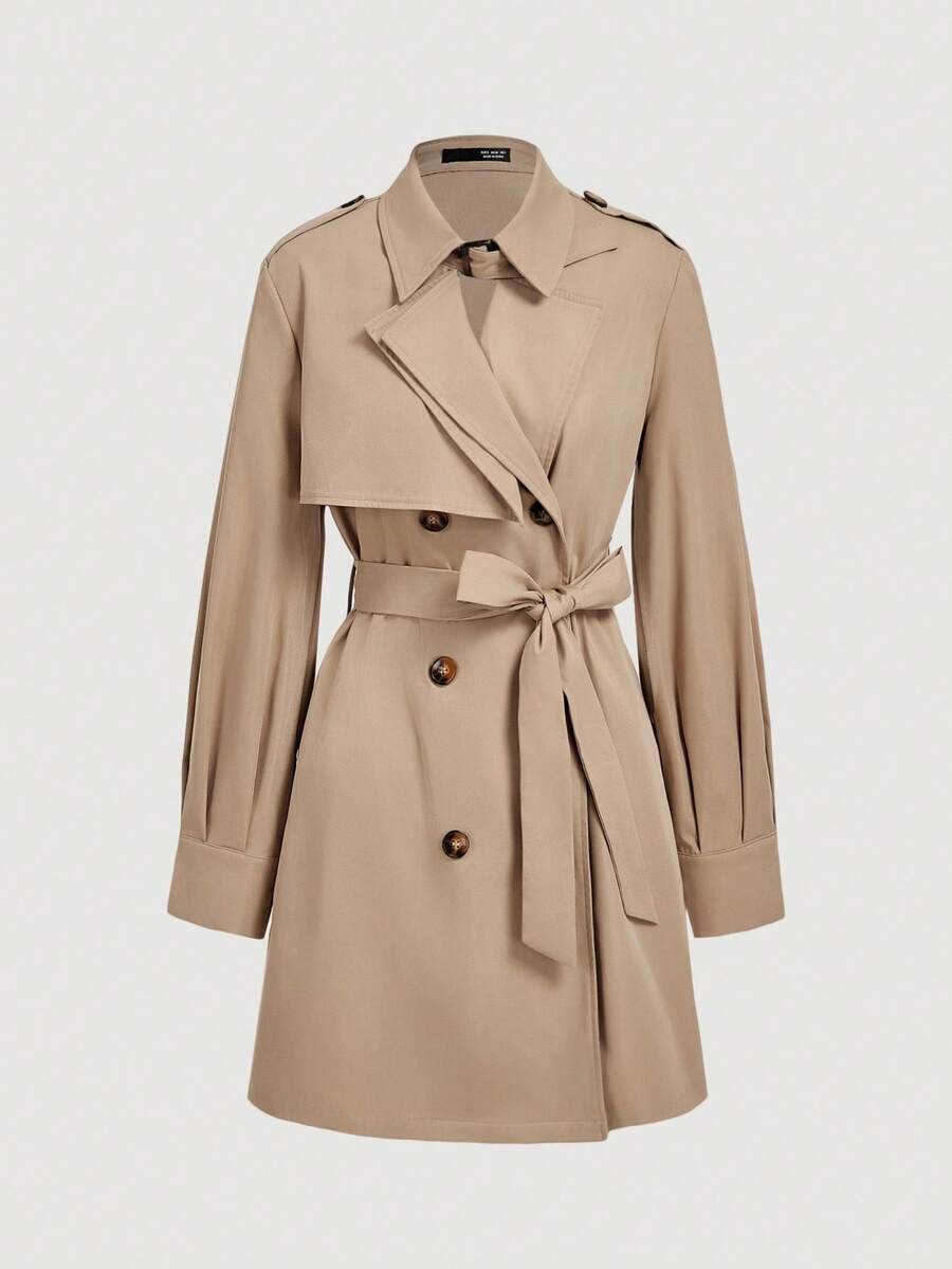 SHEIN MOD 秋冬休闲时尚百搭通勤简约长袖系带女式风衣 - 卡其色 - 查看 1