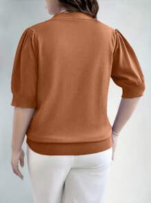 EMERY ROSE Plus Size Women's Solid Color V-Neck Puff Sleeve Short Sleeve Casual Knit Pullover Sweater Knit Pullover Fall Winter Autumn - Brown - View 2