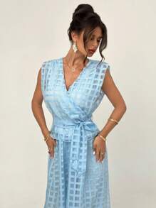 Firerie 新款优雅长腰系带格子提花度假风中长连衣裙，无袖二合一简约通勤修身百搭长裙