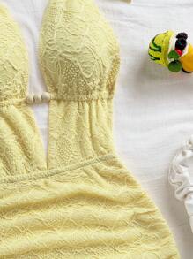 Soleia Vestido Mini Texturizado Decotado Nas Costas Cor Sólida, Ideal para Férias - Luz amarela - Visão 4