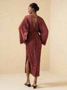 Vesra Solid Color Pleated Deep V-Neck Long Sleeve Elegant Dress For Women