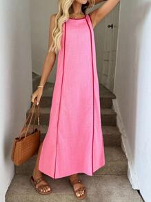 SHEIN LUNE Rochie de seară pentru femei, mărime plus, pentru întoarcerea la școală, rochie casual cu bretele, cusături contrastante, fără mâneci, lejeră, de toamnă, pentru femei, rochie de seară, cu imprimeu floral, stil business, casual, rochie lejeră, stil Old Money, rochie de nuntă pentru femei, rochie de seară, rochie de seară pentru femei, rochie de bal, rochie de bal, rochie de toamnă pentru femei, rochii elegante pentru petrecere, rochii de festival, potrivite pentru primăvară/toamnă, vacanță și întâlniri. - Roz fierbinte - Vizualizare 1