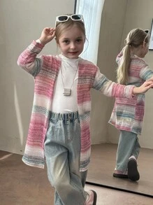 SHEIN Young Girl 1pc Colorful Striped Knitted Open Front Coat , Autumn And Winter,Daily Wear,Preppy,Vintage Fall - Multicolor - View 5