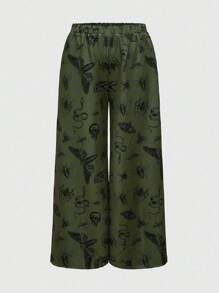 ROMWE Goth Plus Size Dark Moth, Skull, Snake, Insect All-Over Print Pants - Green - View 1