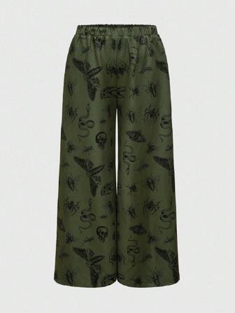 Goth Pantalones de talla grande con estampado todo sobre de polilla oscura, calavera, serpiente e insecto