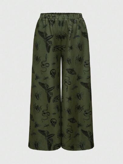 Goth Pantaloni taglie forti con stampa all-over di falene scure, teschi, serpenti e insetti