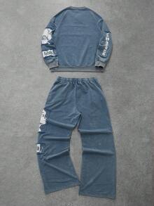 Manfinity EMRG 2pcs/Set Men's Blue White Stripe,Autumn,Streetwear,City Break,Back-To-School Hip Hop Sweatshirt&Sweatpants,Loose Fit Wide Leg Pants,Distressed Print - Blue - View 2