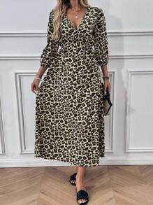 SHEIN LUNE Vestido midi con estampado de leopardo y lazo delantero para mujer - Multicolor - Ver 3