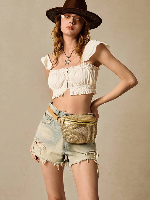 SHECARRY 1 pieza Riñonera de paja para mujer, con decoración de flecos, estilo vacaciones en la playa