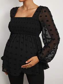 MaterniWear Office,Business Casual Woman,Fall Clothes,Autumn Clothes,Maternity Autumn Clothes Maternity Maternity Square Neck Lantern Sleeve Gathered Design Fashion Blouse Black Babydoll Top Square Neck Blouse Puff Sleeve Blouse Swiss Dot Blouse Maternity Blouse Black Swiss Dot Top Black Babydoll Blouse - Black - View 7
