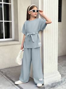 SHEIN Tween Girl 编织纹理宽松落肩系腰字母印花衬衫和阔腿裤两件套，适合春夏季、春季出游、休闲出游、返校 - 霧霾藍 - 查看 2