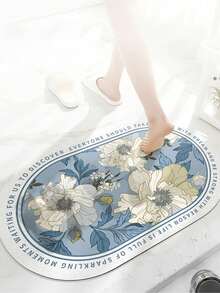 SHEIN 1 pieza Alfombra antideslizante y absorbente para baño, alfombra de diatomita con diseño floral azul, alfombra de baño con patrón vintage, alfombra en forma de U para inodoro, alfombra para lavabo, alfombra de baño de 2.5 mm de grosor, decoración de verano para el baño, accesorios de baño, de vuelta al colegio