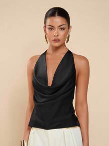 COSMINA Women's Solid Color Plunging Neckline Backless Fashionable Sexy Draped Neck Camisole,Sexy Top