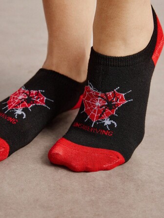 Grunge Punk 1 Set Gothic Red Spider Web Print Cozy Women Short Socks, Style No. 411803