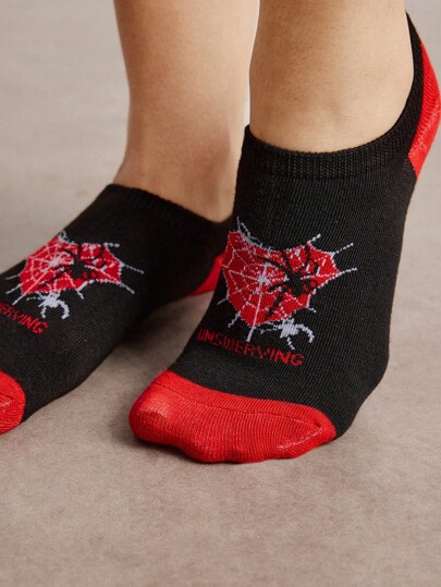 Grunge Punk 1 Set Gothic Red Spider Web Print Cozy Women Short Socks, Style No. 411803