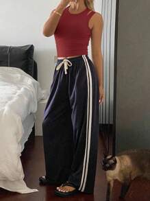 DAZY 女士休闲运动风格宽松背心上衣和裤子家居服套装睡衣 - 酒紅色 - 查看 3