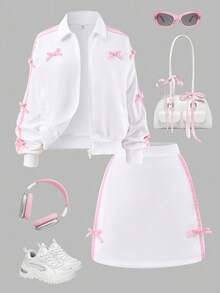 Sparklyn 2pcs/Set Teenager Girls Outfit, Back-To-School Spring Autumn Long Sleeve Zip-Up Jacket With Side Stripe & Bow, Matched With Knitted Short Skirt, Comfortable Fabric, Youthful Design For School Or Daily Wear Fall Winter