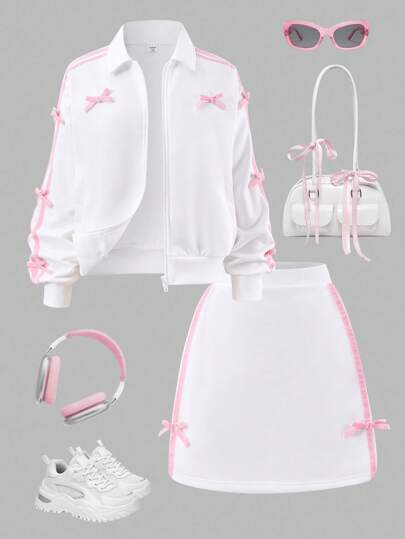 Sparklyn 2pcs/Set Teenager Girls Outfit, Back-To-School Spring Autumn Long Sleeve Zip-Up Jacket With Side Stripe & Bow, Matched With Knitted Short Skirt, Comfortable Fabric, Youthful Design For School Or Daily Wear Fall Winter