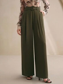 Anewsta 女士优雅高贵百搭飘逸阔腿裤，雪纺垂坠设计，配腰带，商务休闲办公女装 - 軍綠色 - 查看 5