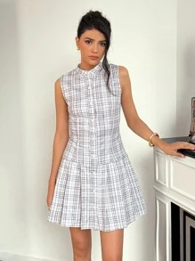 Chiquease 女士夏季格子无袖单排扣褶裥迷你连衣裙 格子连衣裙 女士纽扣衬衫裙 无袖衬衫裙 夏季连衣裙 清爽格子季装 大学校园 - 卡其色 - 查看 6