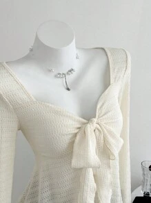 Elamini Women's V-Neck Long Sleeve T-Shirt, Tie Bow Textured Fabric, Slim Fit, Casual Vacation, Spring/Autumn Fall Cloth For Women - Apricot - View 6