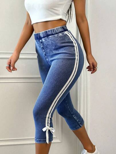 SHEIN Tween Girls Y2K Solid Washed Fashionable Versatile Colorblock Striped Color Block Sporty Denim Leggings Denim Capri Jeans,Suitable For Daily Travel, Outdoor, Home, Brunch, Tea Party, Commute, Airport Wear,Girls Autumn Fall Clothes Outfits,Tween Girl Back To School Homecoming Clothes