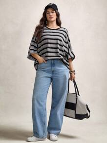 Zelara Camiseta holgada de rayas casual para mujer de talla grande, de moda sencilla para uso diario, estilo bohemio de verano boho, para mujeres de talla grande en primavera, festivales, regreso a clases, maestras de talla grande - Multicolor - Ver 7