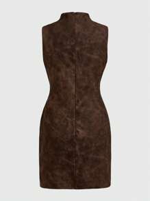 Siren Gaze 女士 PU 皮革褶皱立领无袖纯色休闲迷你连衣裙，时尚日常穿着女士休闲时尚 90 年代装街拍纯色褶皱领 PU 连衣裙，适合派对、办公室、户外、内衬或独立穿着，鸡尾酒会礼服适合外出和派对圣诞礼服 - 咖啡棕 - 查看 3