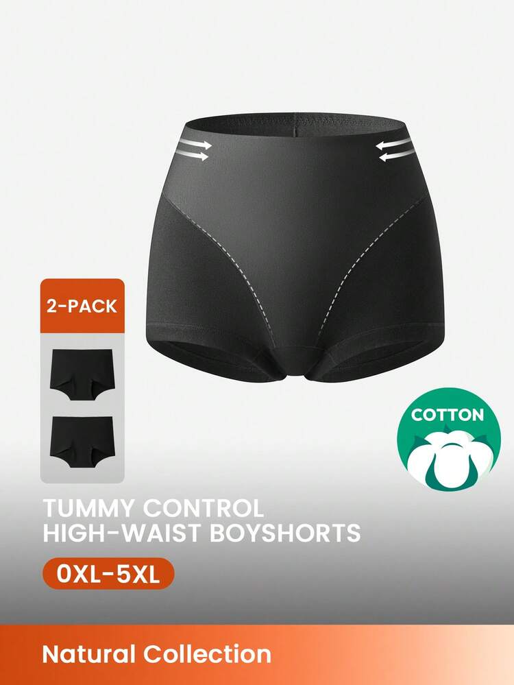 Plus 2-Pack Airy Cotton High Waist Boyshorts Waist Women Underwear Panties Set