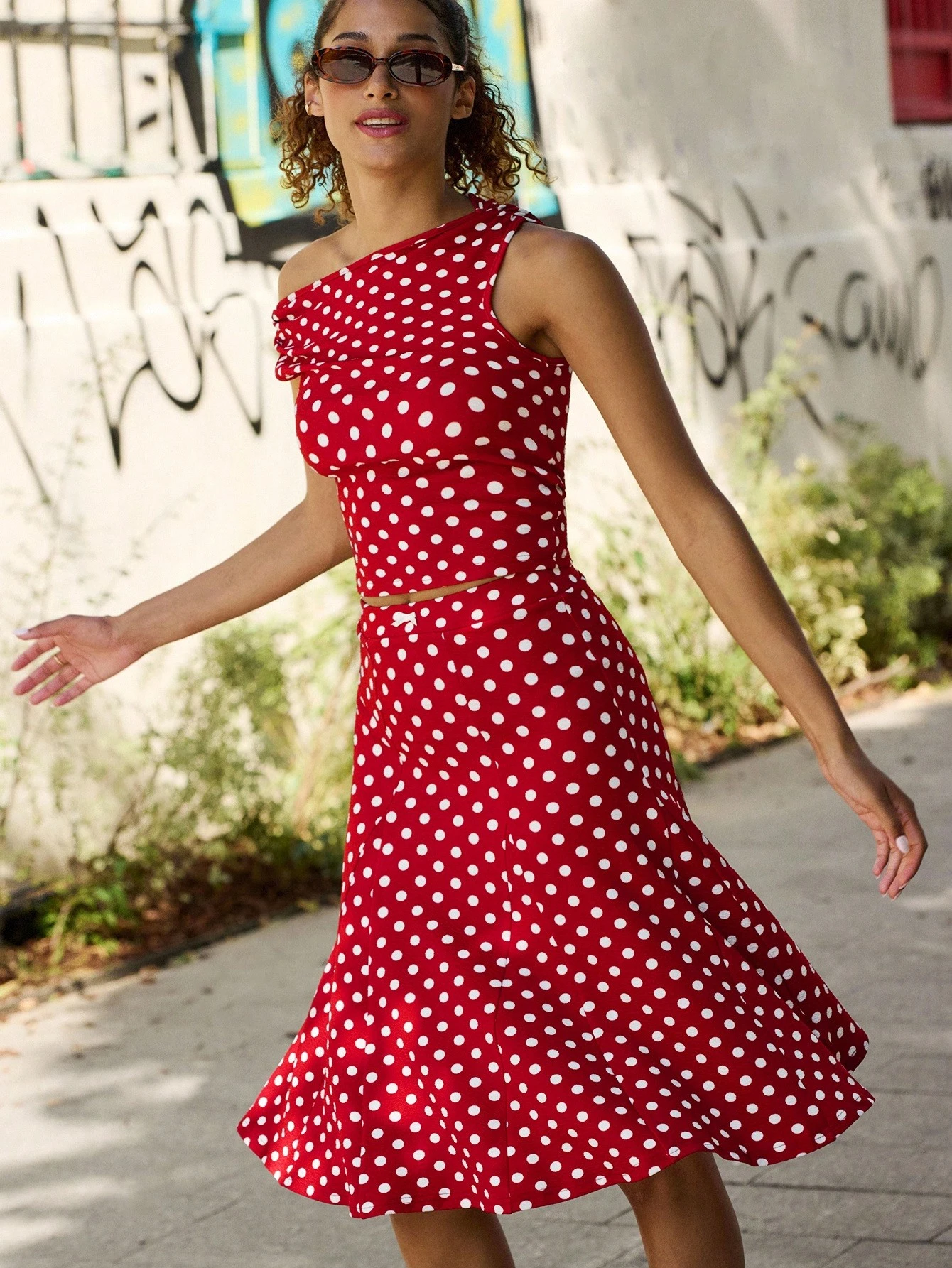 Red Polka Dot Top With Asymmetric Draped Neckline Vacation Top Chic Top Cute Spring Top Going Out Top  New Year Outfits French Style Parisian Style
