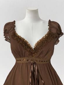 Sunspun Áo kiểu thời trang cỡ lớn dành cho nữ, phối ren tương phản, thắt eo. - màu nâu - Xem 5