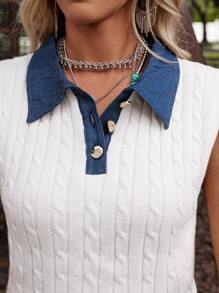 LanaWest Women's Solid Color Denim Collar Elegant Western Style Knit Sweater - White - View 7