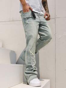 Manfinity EMRG 男士口袋做旧褶皱休闲百搭牛仔裤 - 淺色水洗藍 - 查看 5