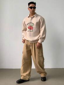 DAZY Autumn Rose Embroidery Gothic Letter Embroidery Apricot Men Pullover Sweatshirt - Apricot - View 5