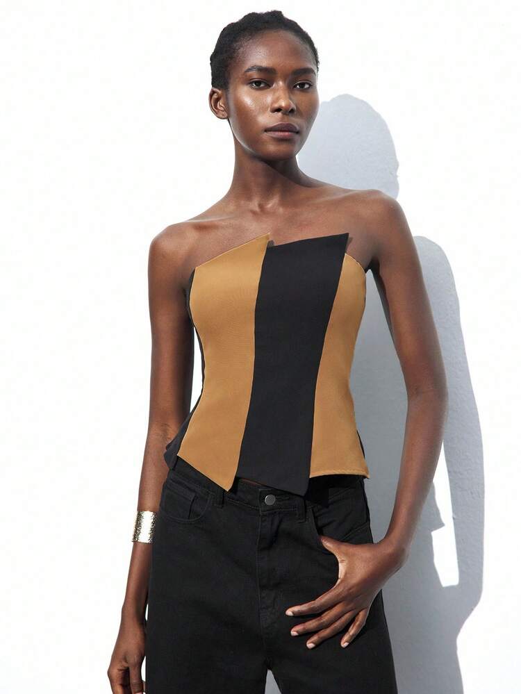 SHEIN Maija Regata Assimétrica Bicolor Feminina, Casual Urbano para Escritório, Traje de Negócios, Outono/Inverno