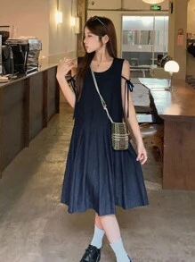 DAZY 女士圆领蝴蝶结腰部褶裥中长牛仔连衣裙 夏季女装连衣裙 - 藍色 - 查看 8