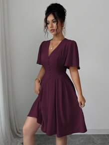 Elenzga Đầm ngắn cổ chữ V tay bèo nhún trang trí viền nút lưng thun thanh lịch cho nữ, thích hợp mặc đi làm, đi nghỉ, đi trà chiều, dự tiệc - Màu đỏ tím - Xem 7