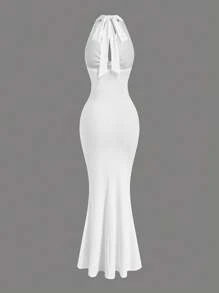 SHEIN Sweetro 大码女式浪漫纯色垂坠领喇叭下摆连衣裙 - 白色 - 查看 2