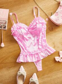 粉色刺绣透明缎面荷叶边饰蝴蝶结心形胸部设计性感紧身衣，适合派对、音乐节作为外套，娃娃可爱缎面内衣套装娃娃装内衣，外出 - 粉色 - 查看 8