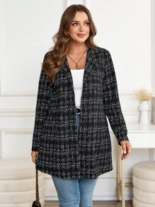 SHEIN Clasi Plus Size Plaid Casual Turndown Collar Commuter Coat, Spring/Autumn Long Sleeve Winter Coat, Office,Work - Black - View 4
