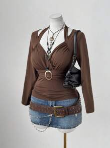 Sunspun Áo thun nữ cổ vuông, nhún bèo, tay dài, ôm sát, khoét kim loại, màu nâu thanh lịch, cổ điển, thường ngày - màu nâu - Xem 5