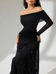 Modelyn Women's Elegant Bamboo Knot Cinching Waist Two Pieces Set, Fashionable Design For Spring, Summer, Autumn,Off Shoulder Lace Dress Long Sleeve Lace Dress Gold Lace Dress Luxury Lace Dress,Fashionable, Casual, And Sporty Women's Autumn Clothing. Autumn Skirts. Ultra-High Stretch Fabric Is Comfortable And Soft, Perfect For Women's Shirts. Back-To-Work And Back-To-School Pants. - Black - View 3