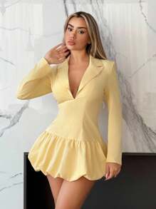 SHEIN ICON 女式奶油黄色泡泡下摆紧身连衣裙，性感时尚的秋季女装 - 淡黃色 - 查看 5